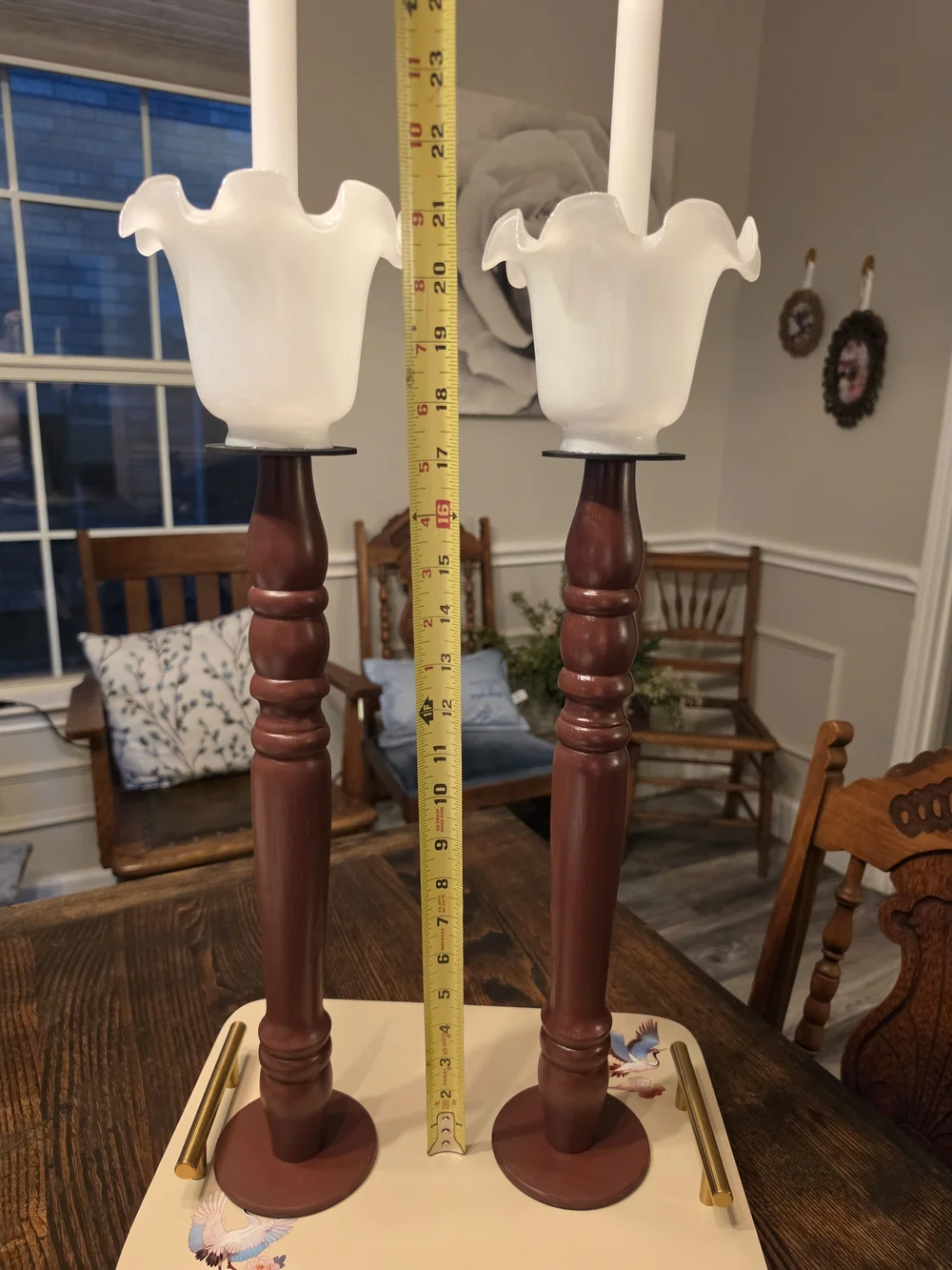 Vintage Wood candlestick holders glass tulip-shaped hurricane shade bobeches